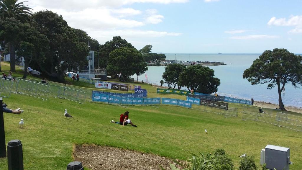 Takapuna Reserve set up for a triathlon this Saturday. This is the rigging and launching area for the A-Class Catamaran Worlds at Takapuna. © Richard Gladwell www.photosport.co.nz